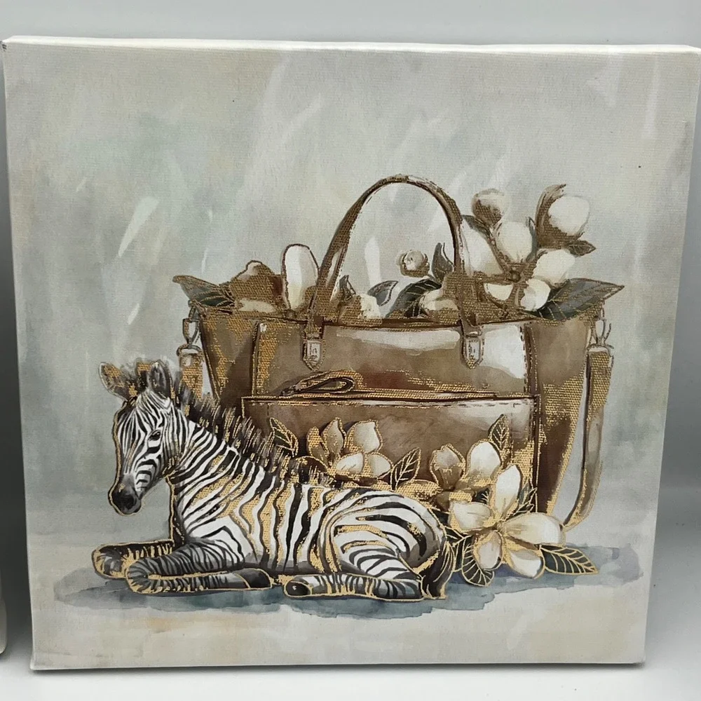 Giraffe Zebra Canvas Wall‎ Art Decor Neutral Beige Gold Floral Animal Prints Set